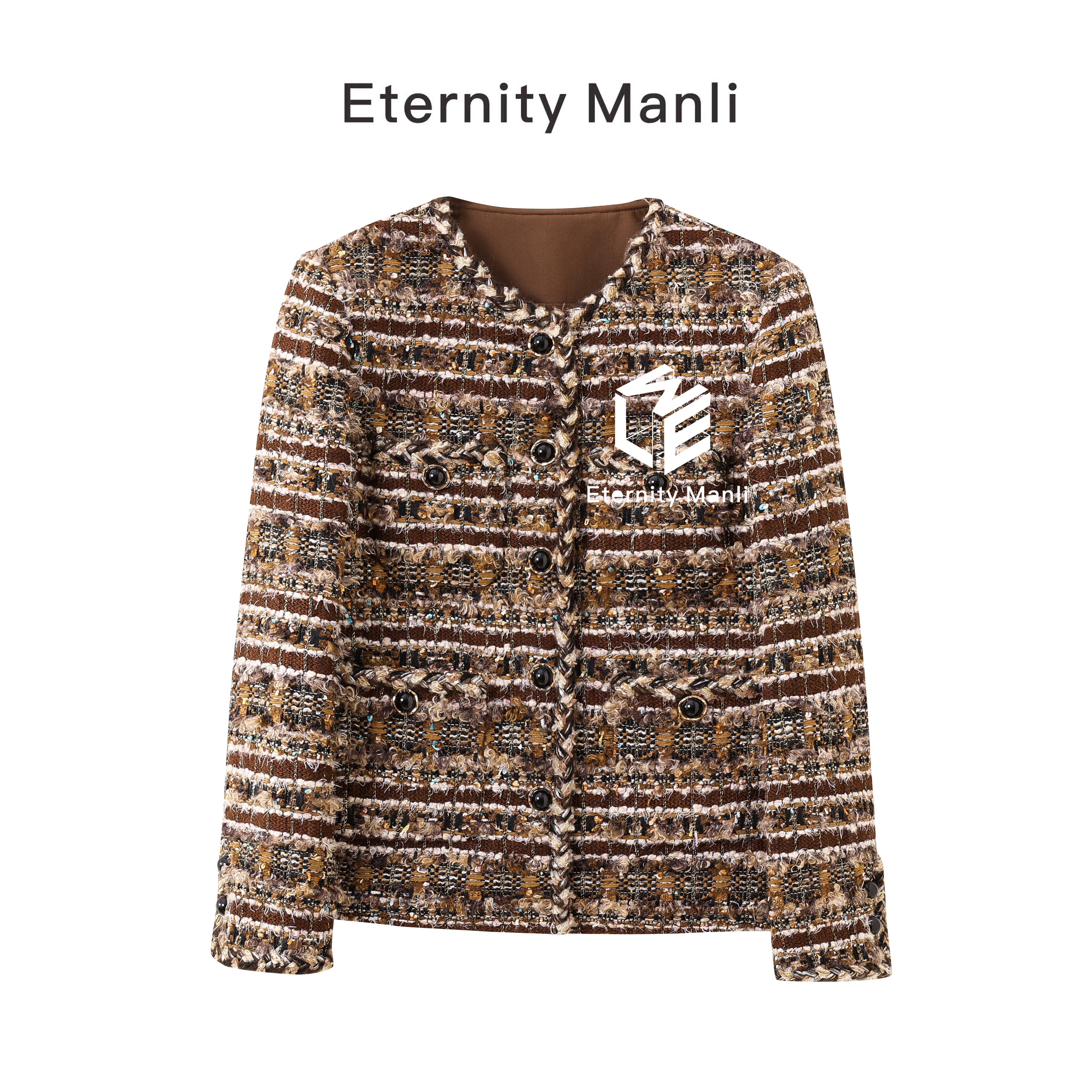 Manil 【摩卡】小蜜蜂配色秋冬粗花呢时尚轻奢短款设计师丝绒上衣