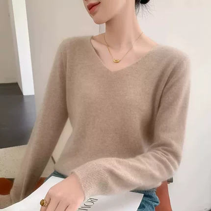 轻熟风长袖针织衫女驼色宽松百搭打底衫上衣