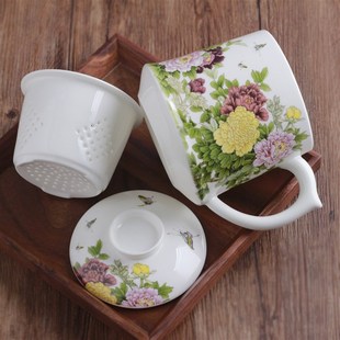 家用陶瓷茶杯带盖泡茶杯茶水分离杯办公室过滤水杯 骨瓷茶漏杯中式