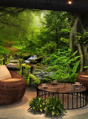 绿色植物森林墙纸3d立体延伸空间壁画客厅背景壁纸饭店咖啡馆装饰