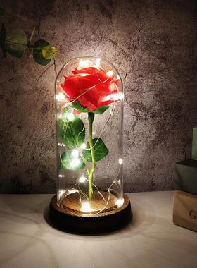 玻璃罩玫瑰花永生花LED发光教师节礼品求婚婚房装饰摆件火树银花