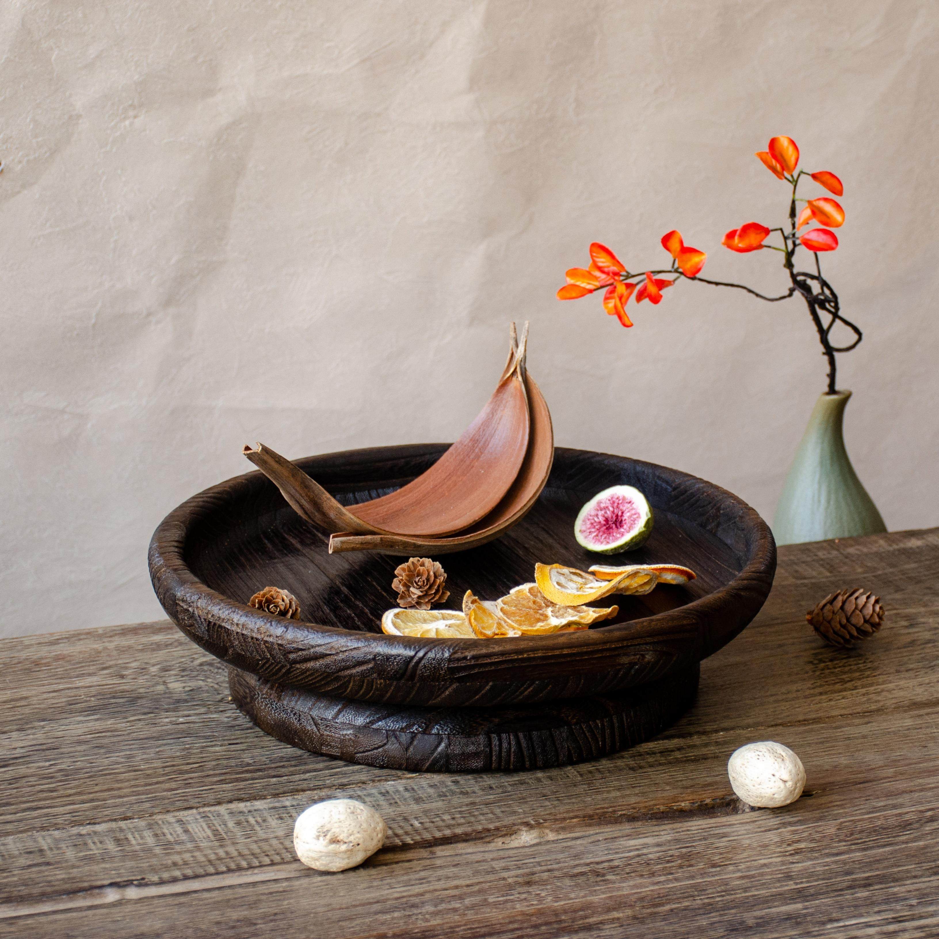 实木干果盘中式复古佛手柑托盘诧寂风茶室手作盘陶土色木质水果盘