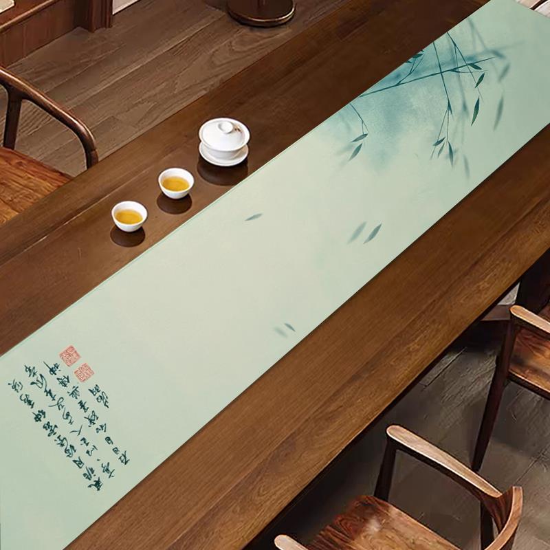 淡绿色新中式桌旗现代简约茶旗中式禅意茶席防水茶桌垫布茶台布艺