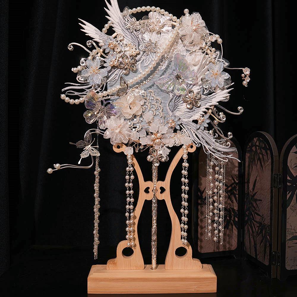 蓝色团扇新娘结婚礼出嫁高级成品秀禾喜扇送礼中式扇子diy材料包