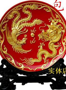 实体店 漆线雕 8寸 龙凤呈祥 红盘 陶瓷礼品 厂家直销 厦门 摆件