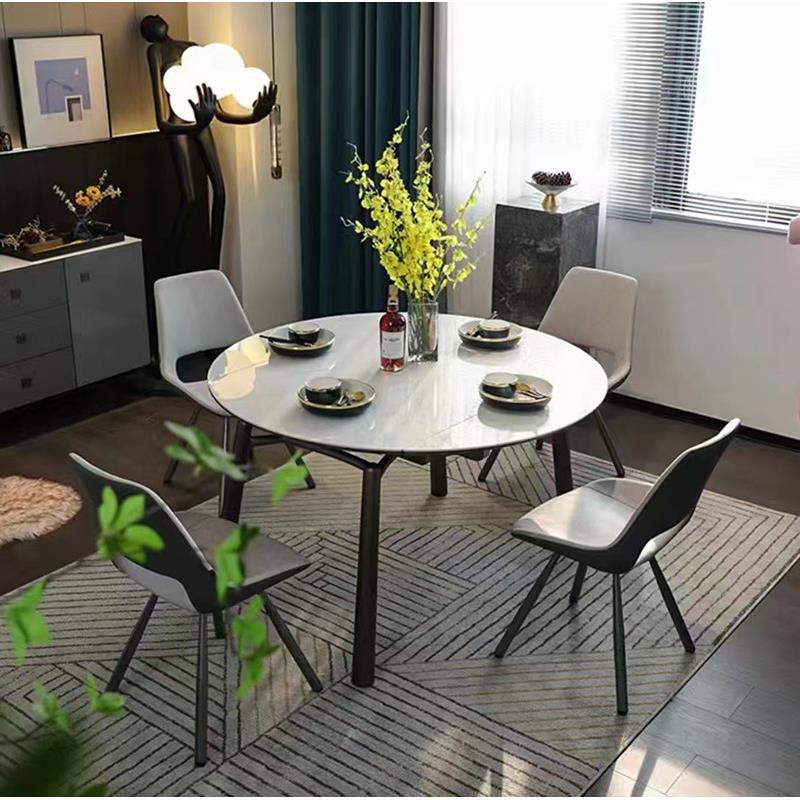 现代简约经奢一桌六椅餐桌大小户型功能折叠岩板西餐家用圆台