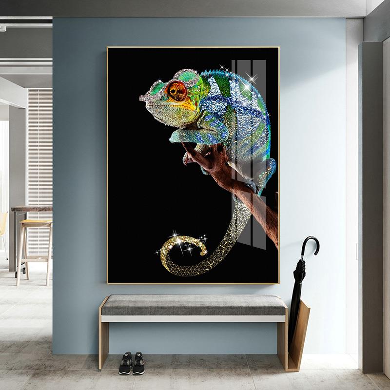 变色龙入户玄关装饰画现代客厅竖版蜥蜴挂画个性小众晶瓷工艺壁画图片