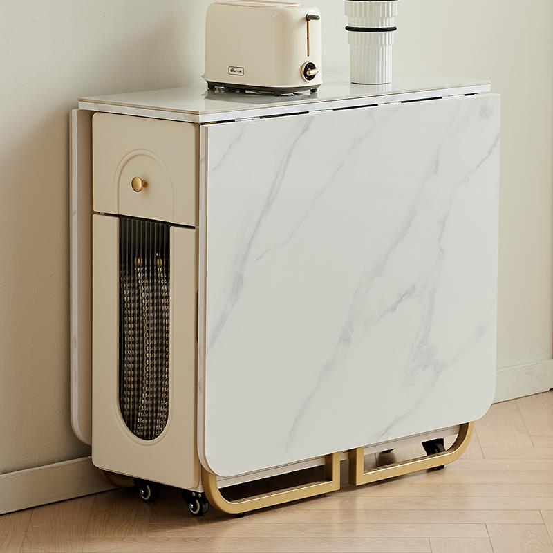 实木岩板折叠餐桌玻璃酒柜一体小户型家用可伸缩长方形吃饭折叠桌