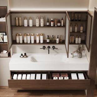 覆古原木风可丽耐岩板热弯无缝一体盆浴室柜组合洗脸洗漱台盆定制