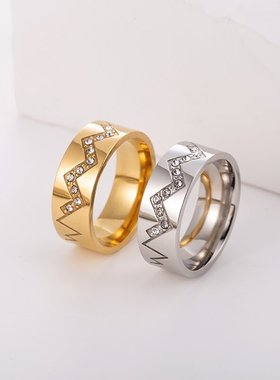 钛钢腐蚀心电图简约镶钻不锈钢戒指男女时尚镀金小众素圈饰品