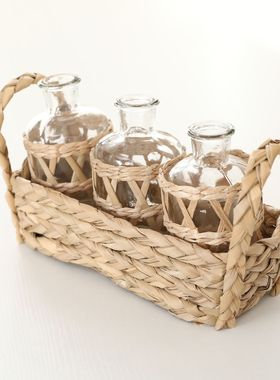 家居装饰纯手工长方形草编双柄提篮创意草织简约小房屋摆件