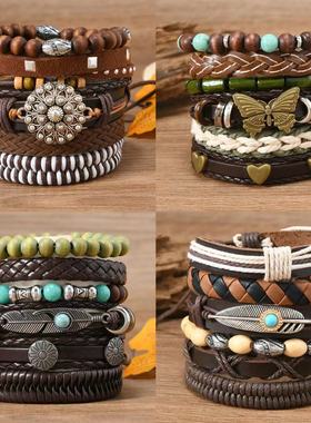 跨境新品欧美复古风羽毛蝴蝶复古花多层手工编织24件套男士皮