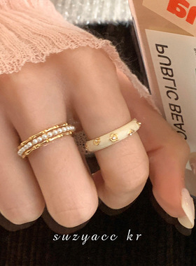 韩国小众设计高级感珐琅滴釉珍珠戒指女2023年新款潮冷淡风食指