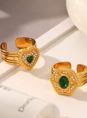 跨境畅销镶钻心形钛钢戒指不掉色高级感镶绿锆石不锈钢六芒星