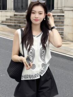 民族风拼色宽松百搭上衣 法式 复古花纹提花无袖 圆领针织开衫 女夏季