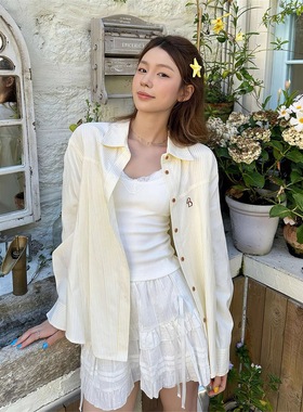 韩系多巴胺黄色刺绣条纹衬衫女春秋小个子高级感plol领宽松外套