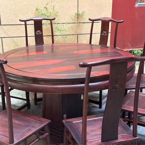 中式老挝大红酸枝餐桌全实木方圆带转盘家用饭桌伸缩圆桌交趾黄檀