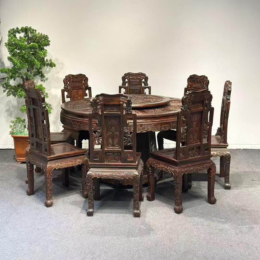 红木餐桌圆桌新中式老挝大红酸枝餐厅餐桌椅雕花红木家具饭桌定制,住宅家具,红木餐桌,淘宝优惠券,粉丝福利购,淘宝优惠卷