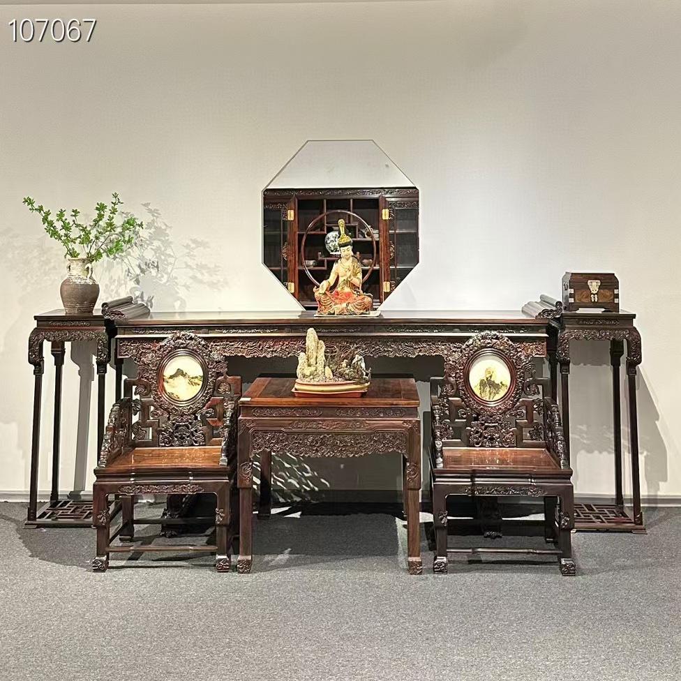 老挝大红酸枝老料中堂六件套交趾黄檀实木条案供桌灵芝椅中式别墅