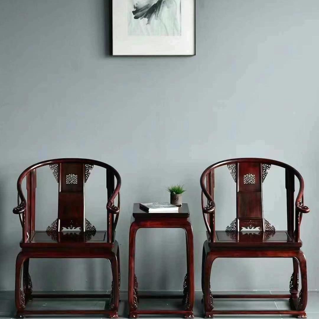 红木家具老挝大红酸枝皇宫椅三件套明清交趾黄檀椅客厅中式圈椅子
