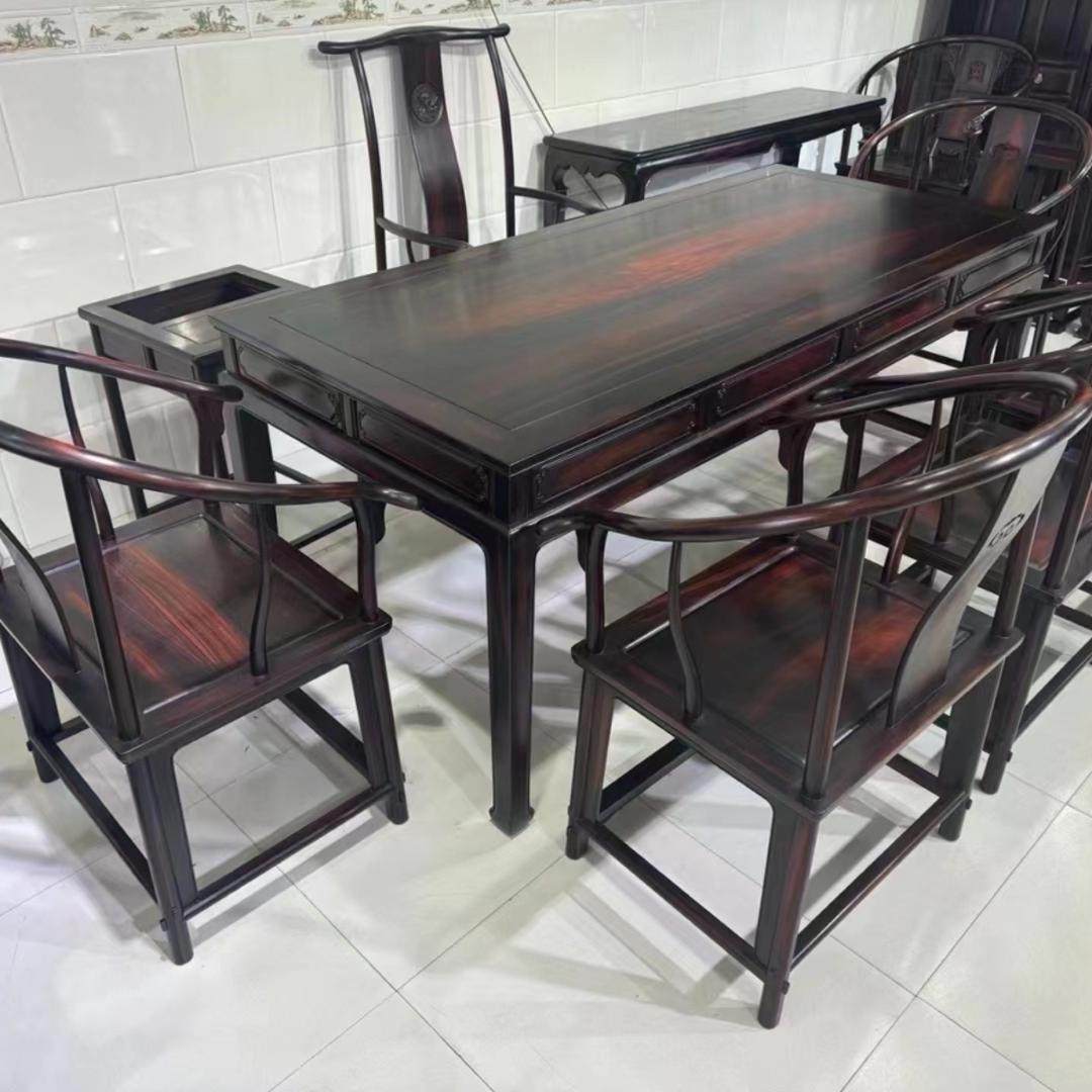 老挝大红酸枝红木茶桌家具新中式拐手圈椅干泡茶台交趾黄檀家用