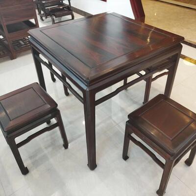 老挝大红酸枝四方桌五件套休闲桌交趾黄檀棋牌桌八仙桌红木餐桌