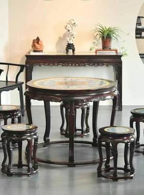 大红酸枝红木家具老料镶嵌景泰蓝五子登科圆桌六件套休闲茶桌饭桌