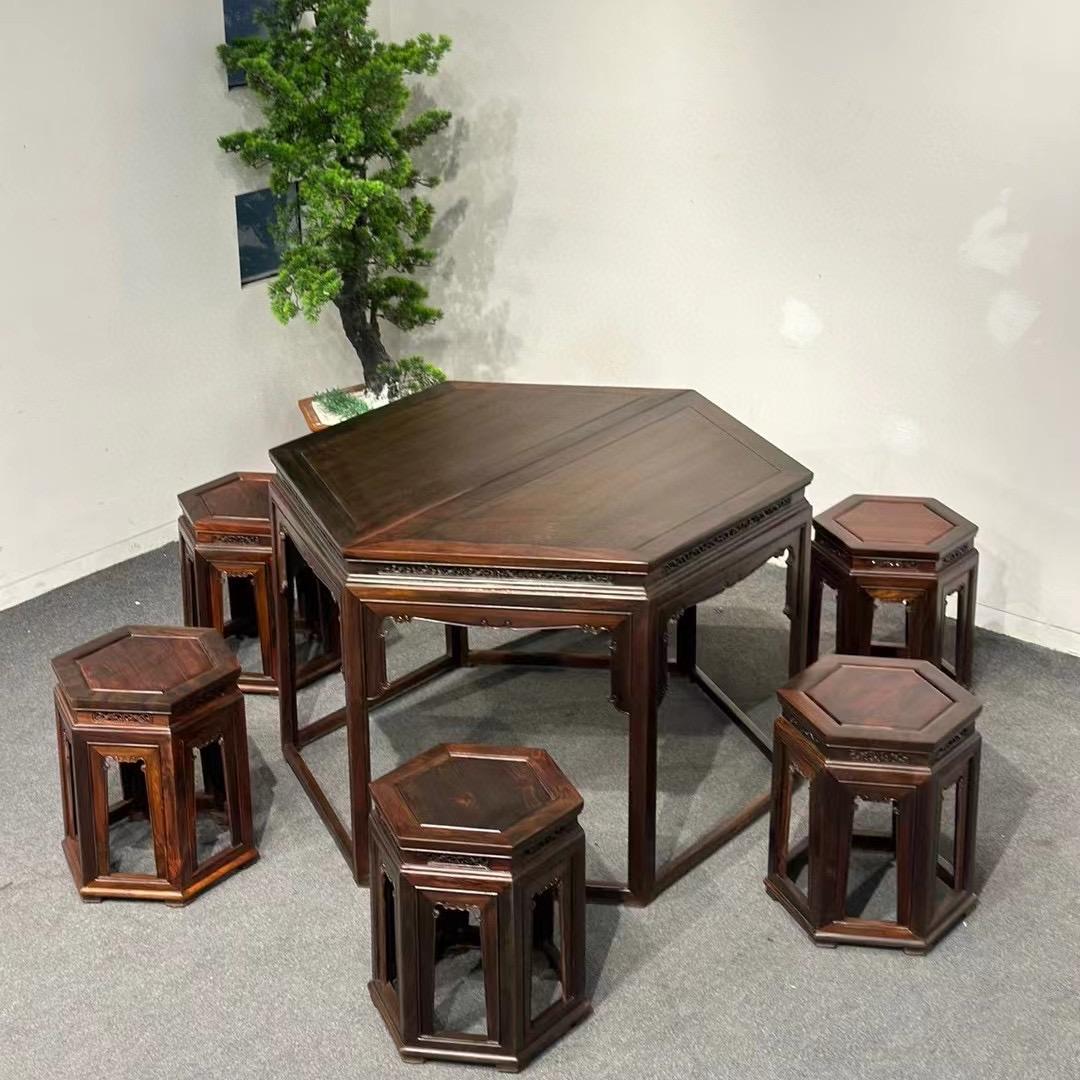 大红酸枝圆形鼓台7件套明清古典交趾黄檀休闲红木餐桌红木家具