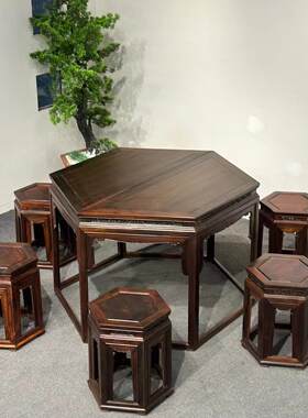 大红酸枝圆形鼓台7件套明清古典交趾黄檀休闲红木餐桌红木家具