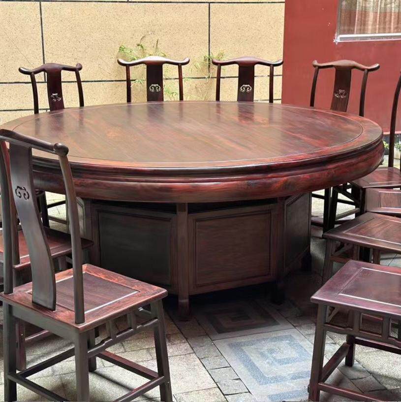 实木家具红木餐桌圆形老挝大红酸枝饭桌中式交趾黄檀组合桌黑飘红