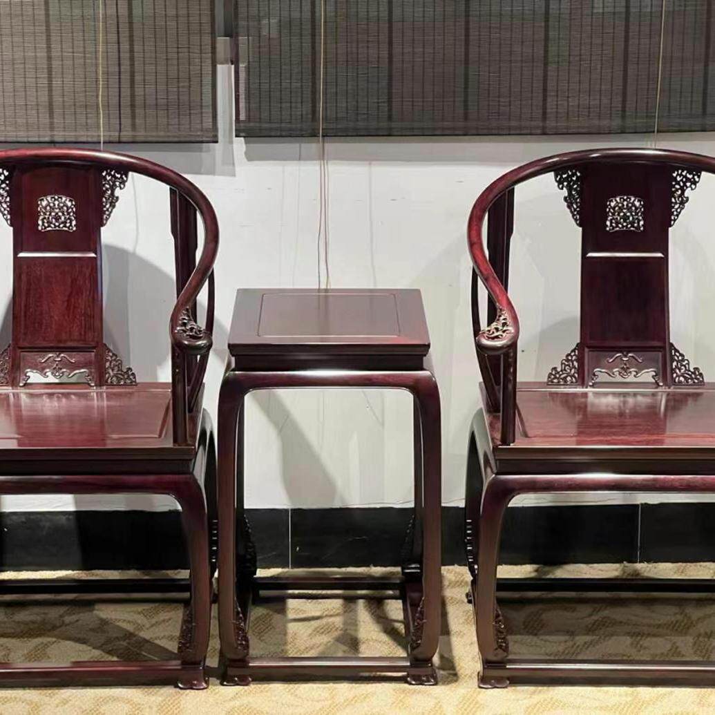 老挝红酸枝脚花一体皇宫圈椅三件套印度小叶紫檀明清古典红木家具