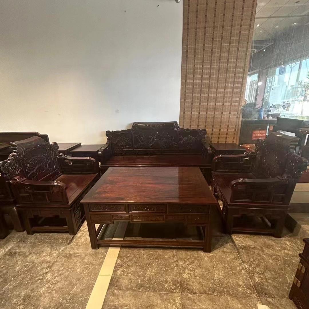 大红酸枝老料凤穿牡丹沙发九件套中式红木古典家具实木雕花沙发