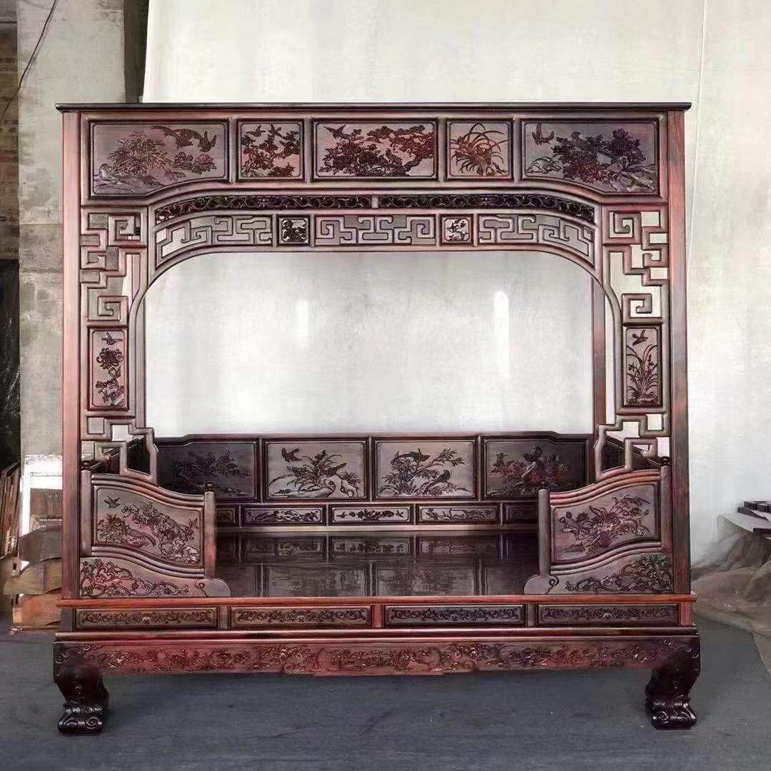 老式交趾黄檀明清复古典仿古代家具宫廷大红酸枝拔踏步床架子床