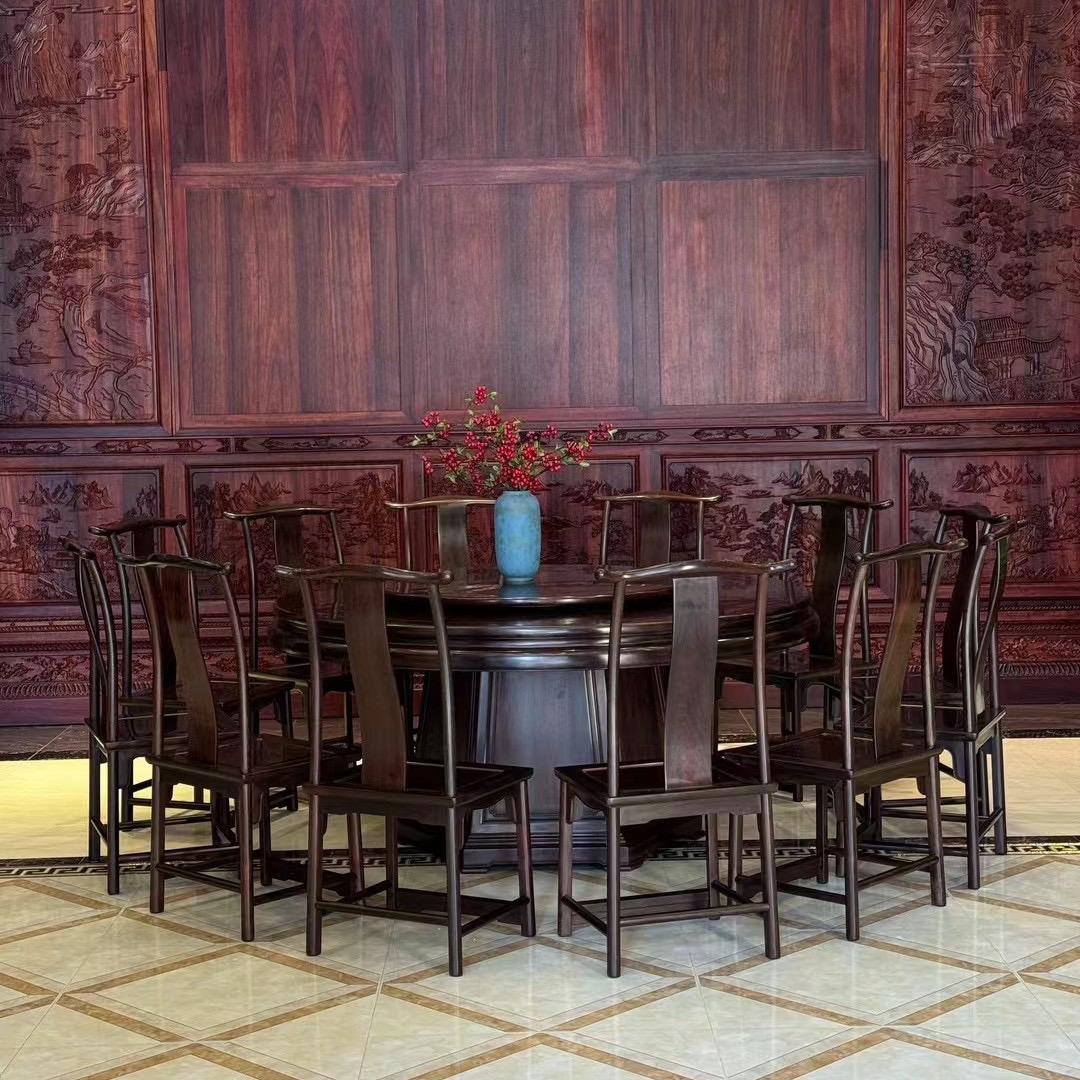 红木家具老挝大红酸枝圆餐桌新中式交趾黄檀饭桌椅组合孔雀桌子