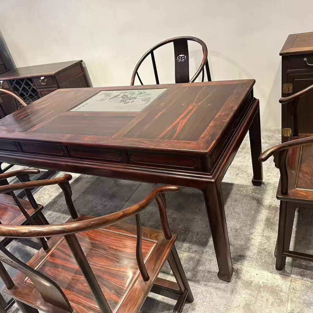 大红酸枝红木家具明式六件套休闲桌泡茶桌棋牌桌实木中式方餐桌