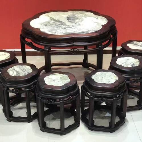 老挝大红酸枝餐桌圆桌明清古典交趾黄檀镶嵌云石红木休闲桌茶台