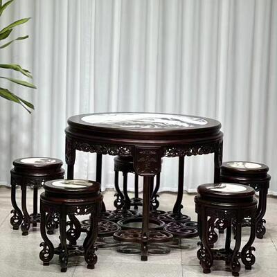大红酸枝红木圆桌休闲桌餐桌奢华型组合仿古中式实木品质餐厅客厅