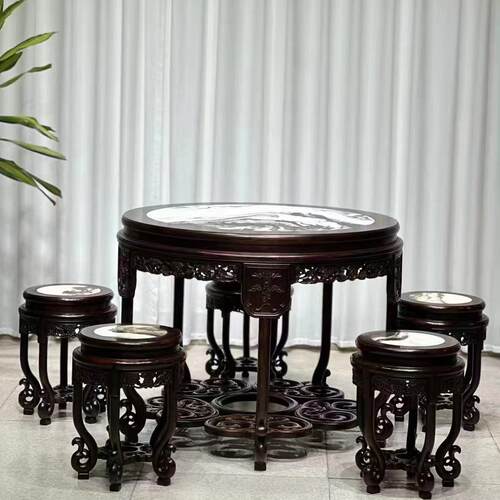 大红酸枝红木圆桌休闲桌餐桌奢华型组合仿古中式实木品质餐厅客厅