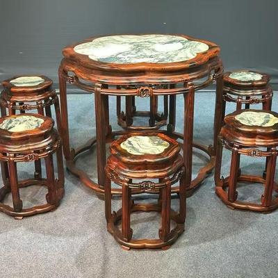 红木休闲桌老挝大红酸枝饭桌七件套 实木镶嵌云石 交趾黄檀餐桌