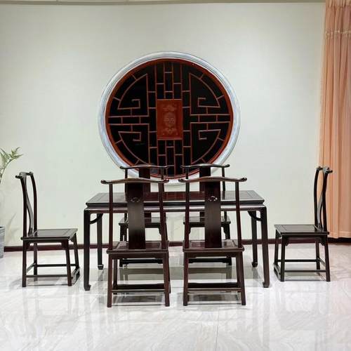 全实木长方形餐桌椅转盘交趾黄檀中式别墅餐厅大红酸枝餐桌家具