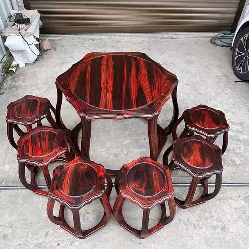 红木老挝大红酸枝木圆形餐桌休闲桌 交趾黄檀中式茶桌黑飘红老料