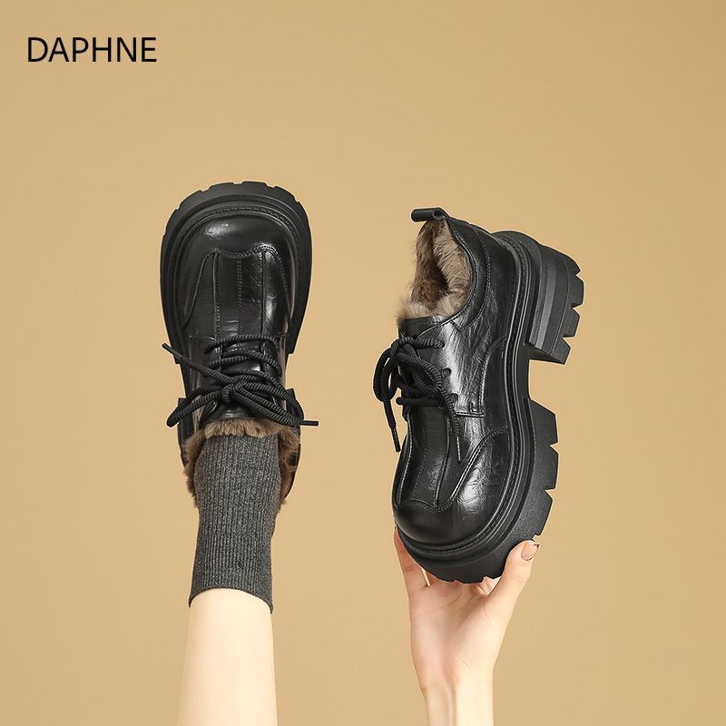 达芙妮女鞋厚底加绒乐福鞋女2025冬季新款保暖增高英伦风小皮鞋