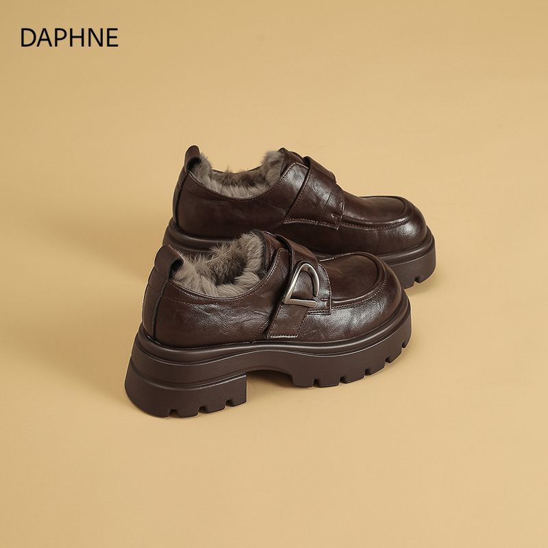 达芙妮女鞋厚底乐福鞋2025冬季新款英伦风黑色小皮鞋加绒保暖棉鞋