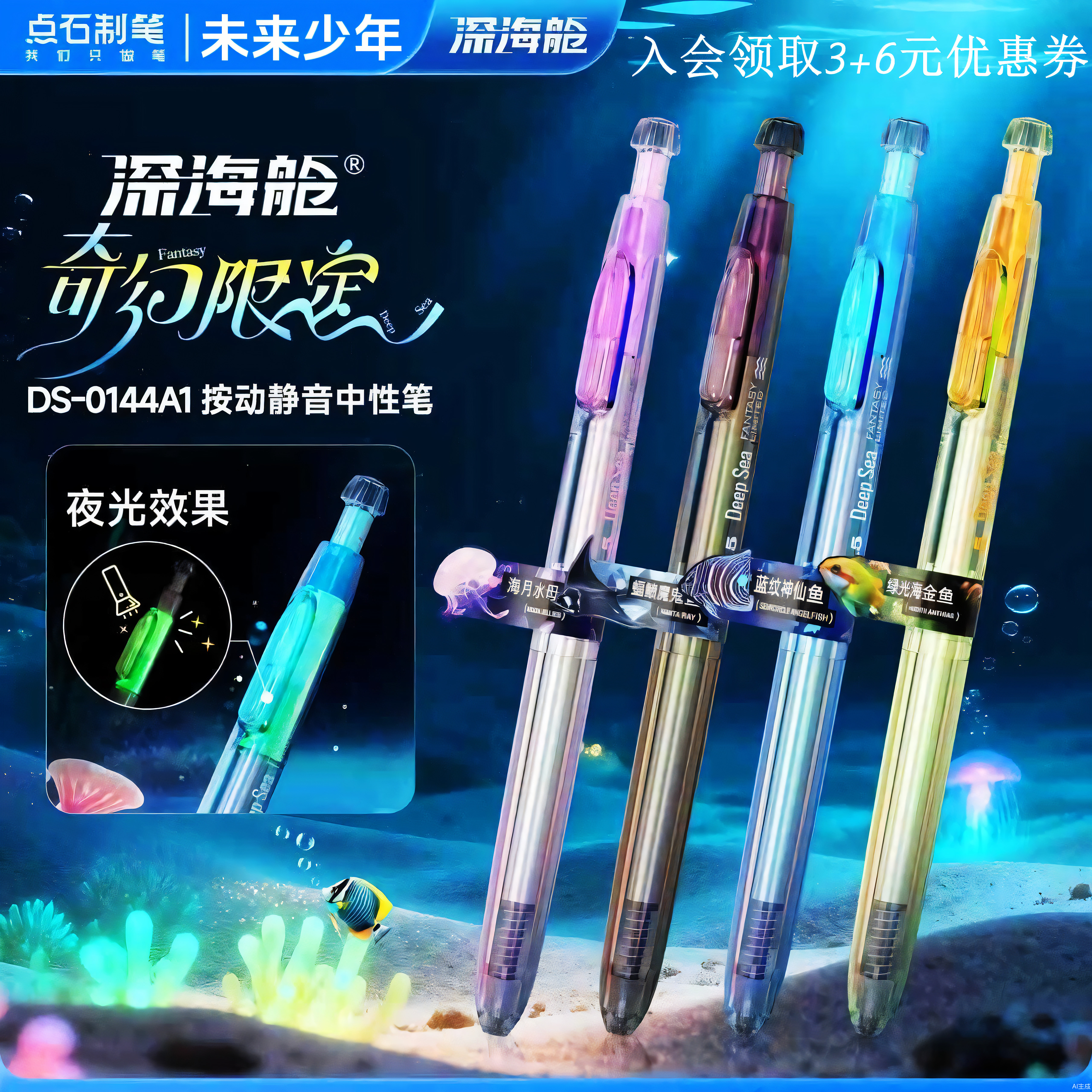 【新品】点石新品深海舱奇幻限定按动双珠速干中性笔0144A1海洋黑色0.5签字笔水夜光款刷题科技感炫酷大容量