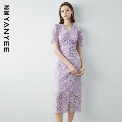 颜域紫色蕾丝连衣裙2024新款女夏季优雅气质收腰显瘦短袖V领裙子