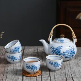 家用泡茶壶提梁壶一壶四杯 青花釉下彩纯手绘高温健康竹梅茶具套装