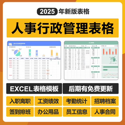 2025年人事行政管理excel表格系统考核勤绩效工资档案合同入离职