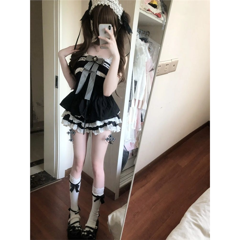 日系古早感套装女夏季新款蝴蝶结拼接收腰上衣蓬蓬短裙可爱两件套
