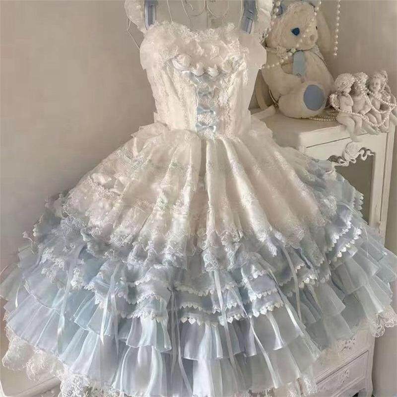 缘结恋曲Lolita少女甜美花嫁洋装吊带连衣裙粉色蓝白色蓝色jsk