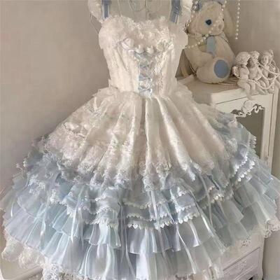 缘结恋曲Lolita少女甜美花嫁洋装吊带连衣裙粉色蓝白色蓝色jsk